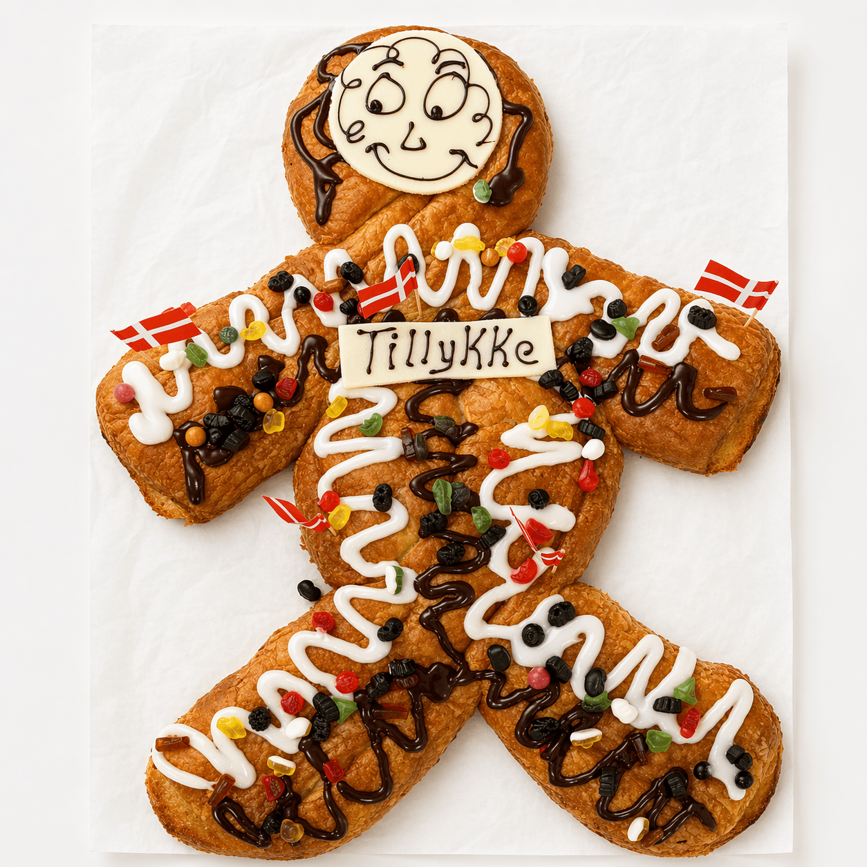 Kagekassens klassiske kagemand med Tillykke-skilt og dansk pynt