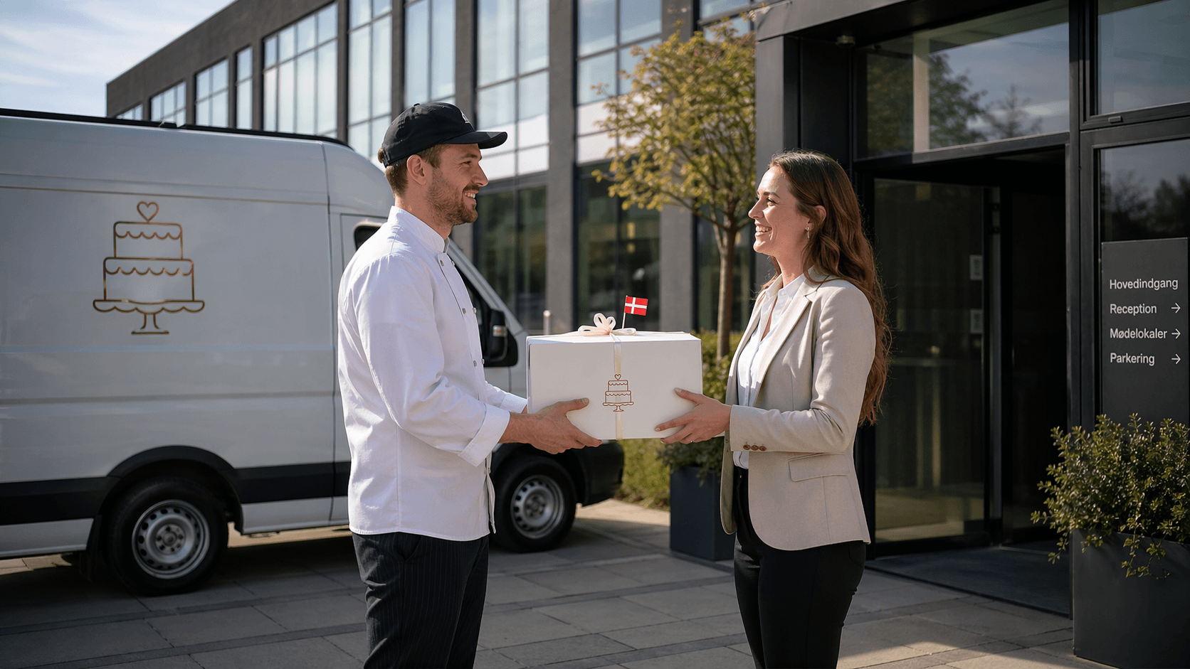 Kagekassens chauffør afleverer kagemand i Kagekassen-emballage til en office manager foran kontorbygning